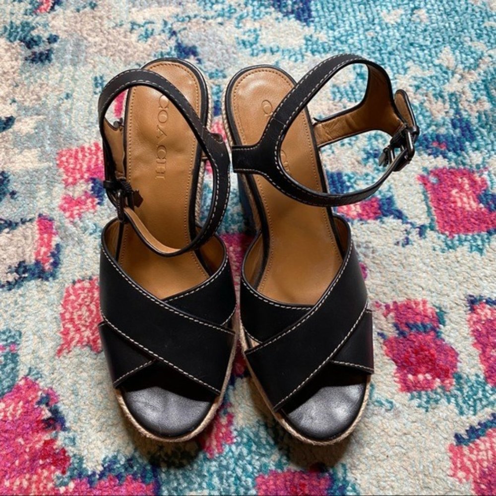 Coach Eaton Black Leather Denim Wedge Sandals Size 8.5 - Picture 6 of 13